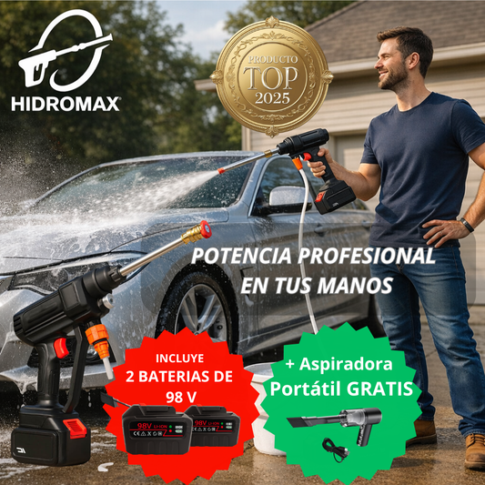 HIDROLAVADORA HIDROMAX® CON 2 BATERÍAS DE 98 V + ASPIRADORA PORTÁTIL DE REGALO