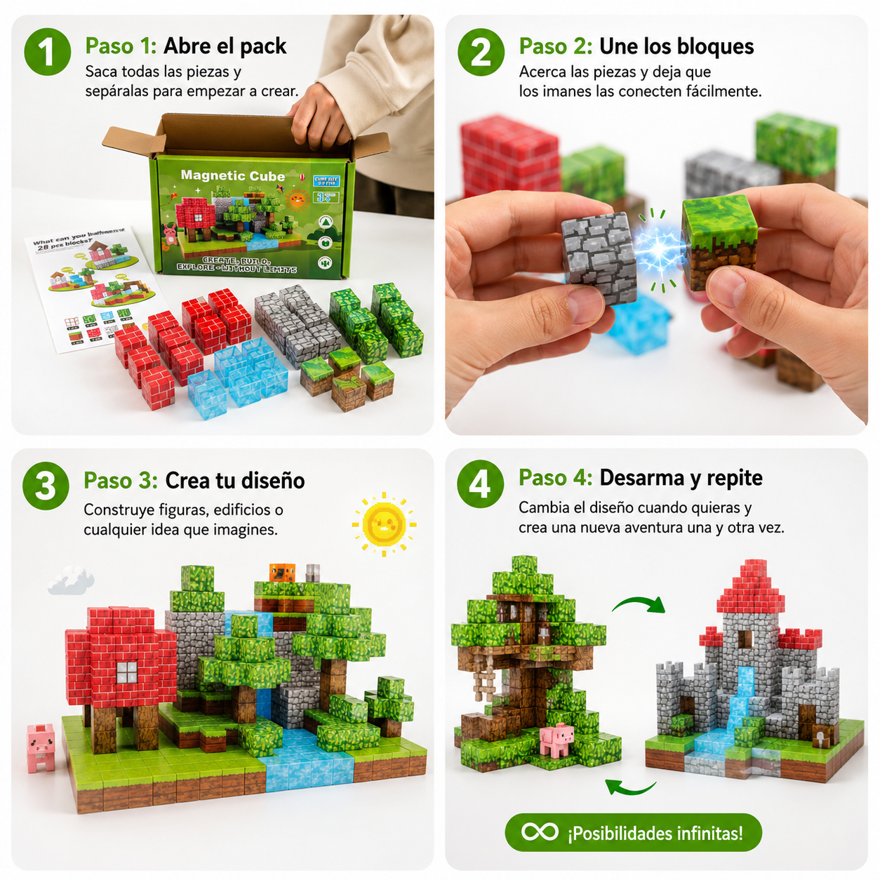 Magnetic Cube, Construye sin límites - Bloques Magnéticos - 3 Pack de 28 piezas.