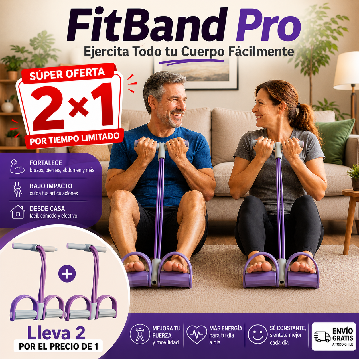 FitBand Pro - Banda Elástica con Pedal 2 x 1 - Ejercita Todo tu Cuerpo Fácilmente.