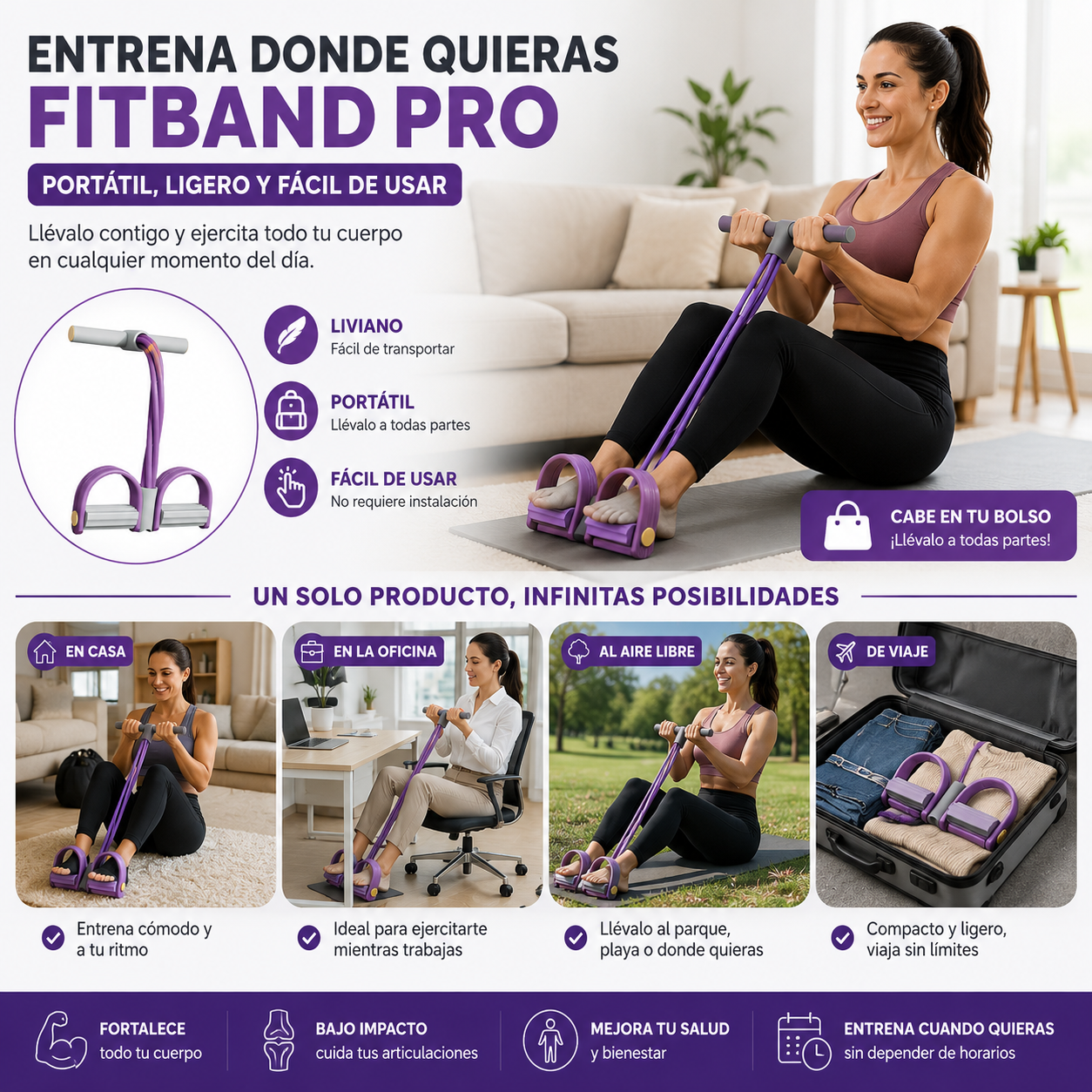 FitBand Pro - Banda Elástica con Pedal 2 x 1 - Ejercita Todo tu Cuerpo Fácilmente.