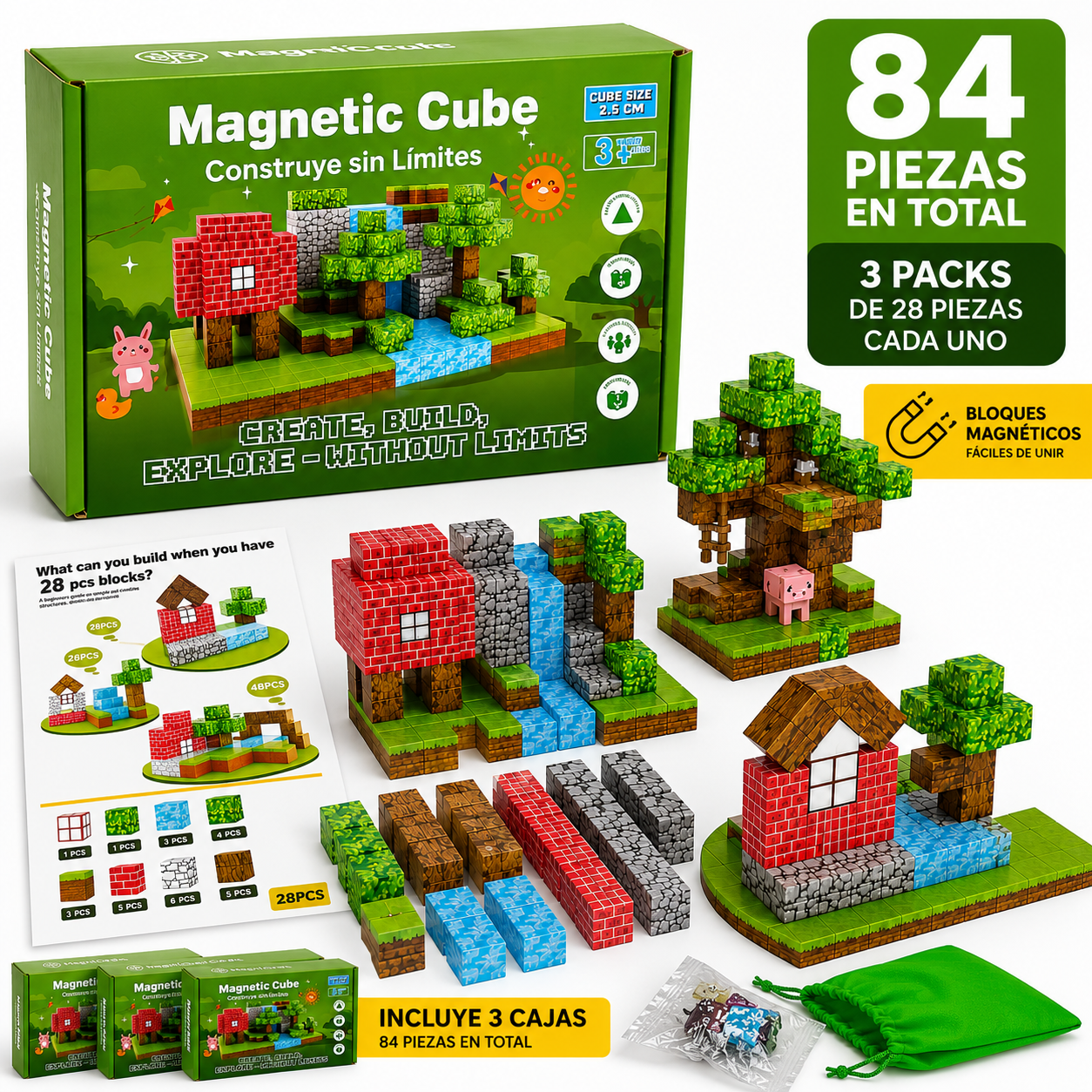 Magnetic Cube, Construye sin límites - Bloques Magnéticos - 3 Pack de 28 piezas.