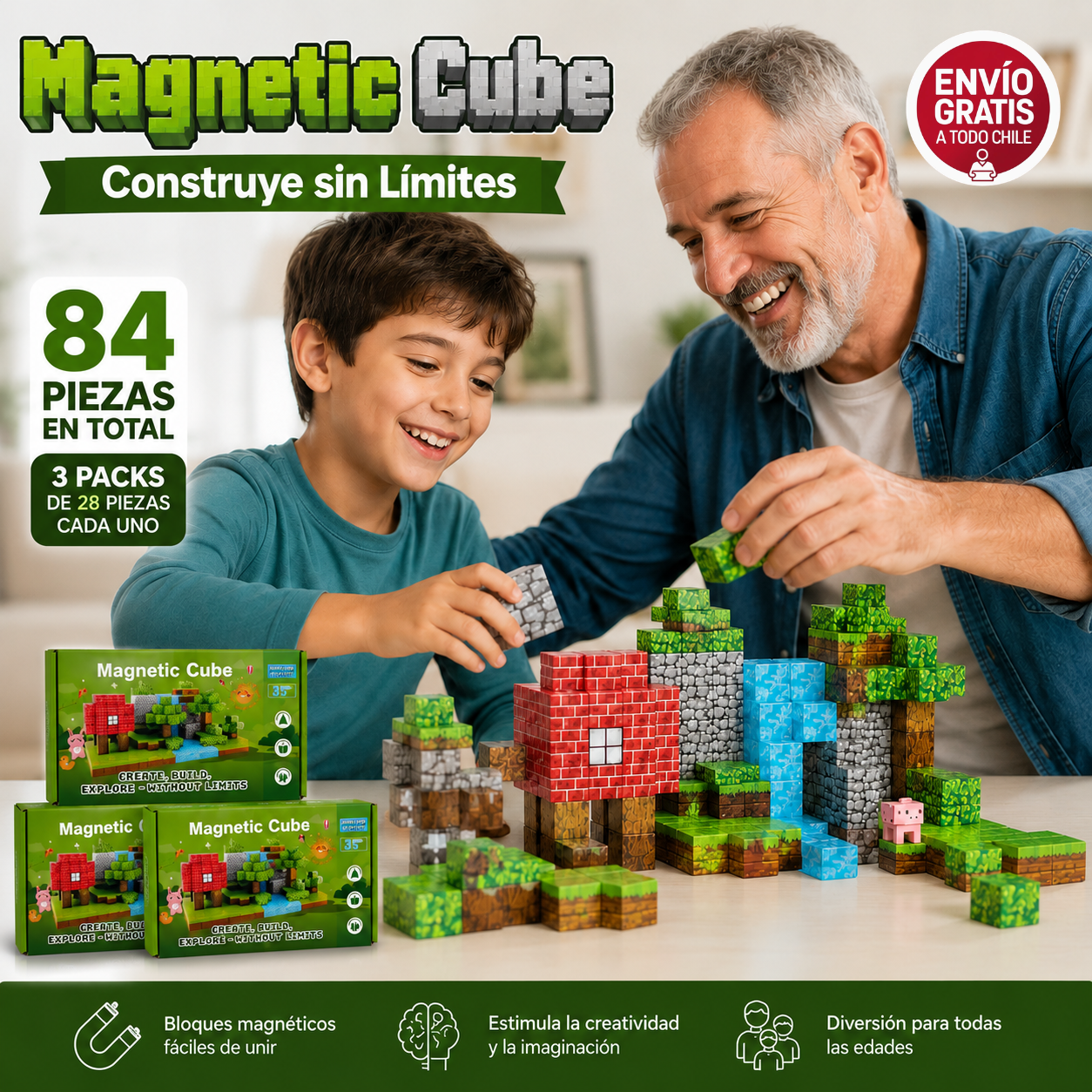 Magnetic Cube, Construye sin límites - Bloques Magnéticos - 3 Pack de 28 piezas.