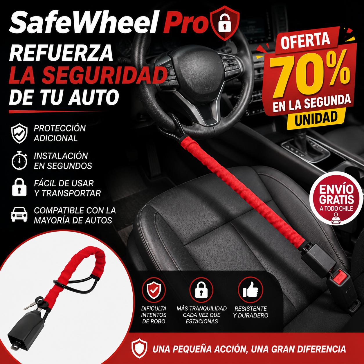 SafeWheel Pro, Refuerza la Seguridad de tu Auto - Traba de Seguridad al Volante.
