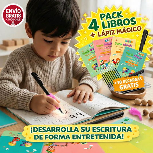 Cuadernos Mágicos de Caligrafía - Aula Montessori® - ¡PACK 4 LIBROS + Lápiz + 10 recargas de tinta Mágica + Sujetador!