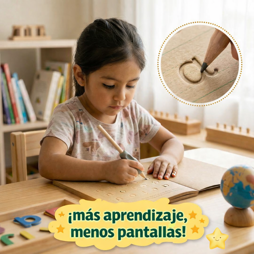 Cuadernos Mágicos de Caligrafía - Aula Montessori® - ¡PACK 4 LIBROS + Lápiz + 10 recargas de tinta Mágica + Sujetador!