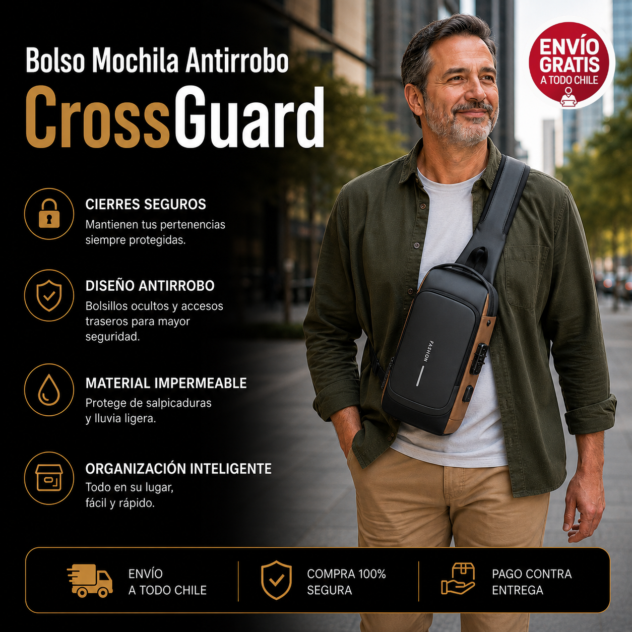 Bolso mochila Antirrobo Impermeable, CrossGuard - Organiza y protege lo esencial.