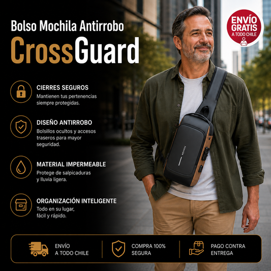 Bolso mochila Antirrobo Impermeable, CrossGuard - Organiza y protege lo esencial.