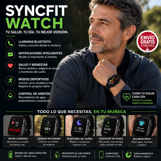 SyncFit Watch, Reloj Inteligente Unisex + 7 Pulseras de Silicona Gratis - Monitorea tu rutina fácilmente.