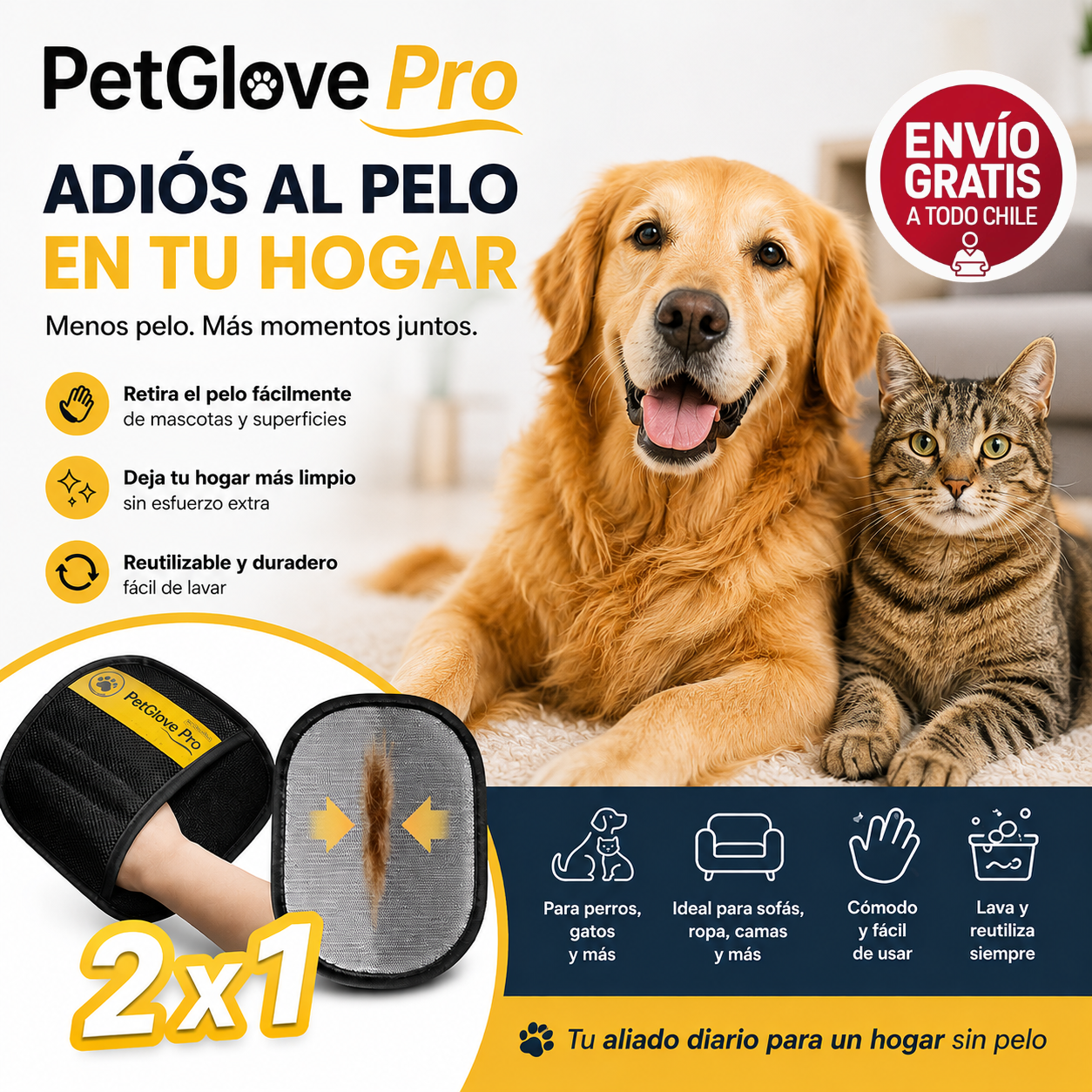 PetGlove Pro,  Guante quita pelos 2 x 1 - Remueve pelo sin esfuerzo.