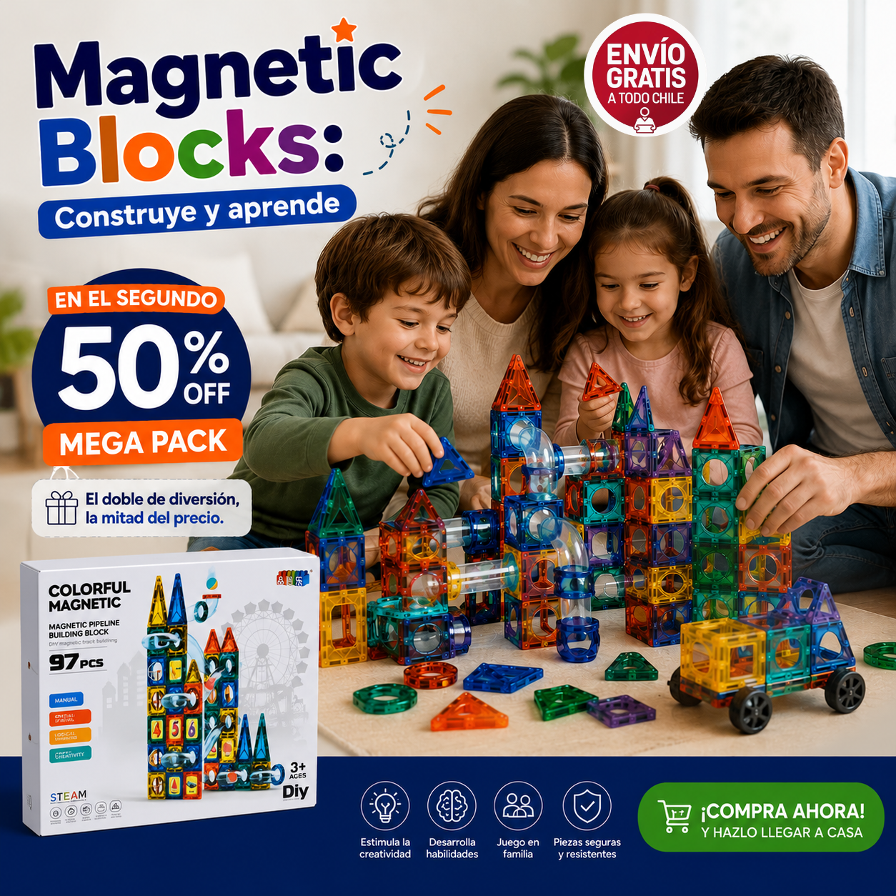 Magnetic Blocks - Construye y aprende jugando - Bloques De Construcción 97 Piezas.