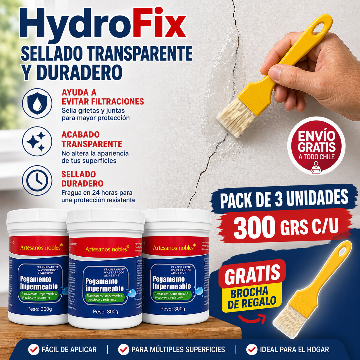 HydroFix, Sellador Impermeable de 300 g (Pack de 3 Unidades) + Brocha de Regalo - "Sellado transparente y duradero".