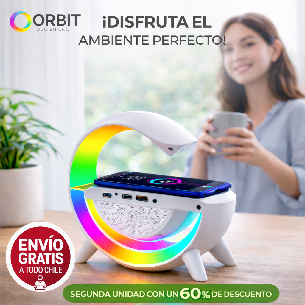 PARLANTE ORBIT® TODO EN UNO – ILUMINA, CARGA Y ESCUCHA MÚSICA