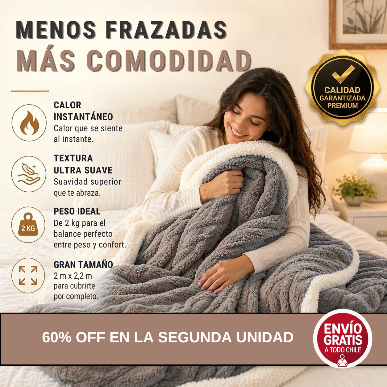 Frazada Premium de 2Kg - 200 x 220 cm - Un Escudo Contra El Frío.