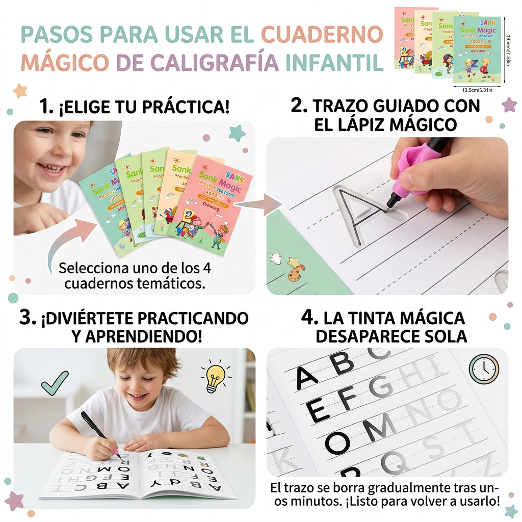 Cuadernos Mágicos de Caligrafía - Aula Montessori® - ¡PACK 4 LIBROS + Lápiz + 10 recargas de tinta Mágica + Sujetador!