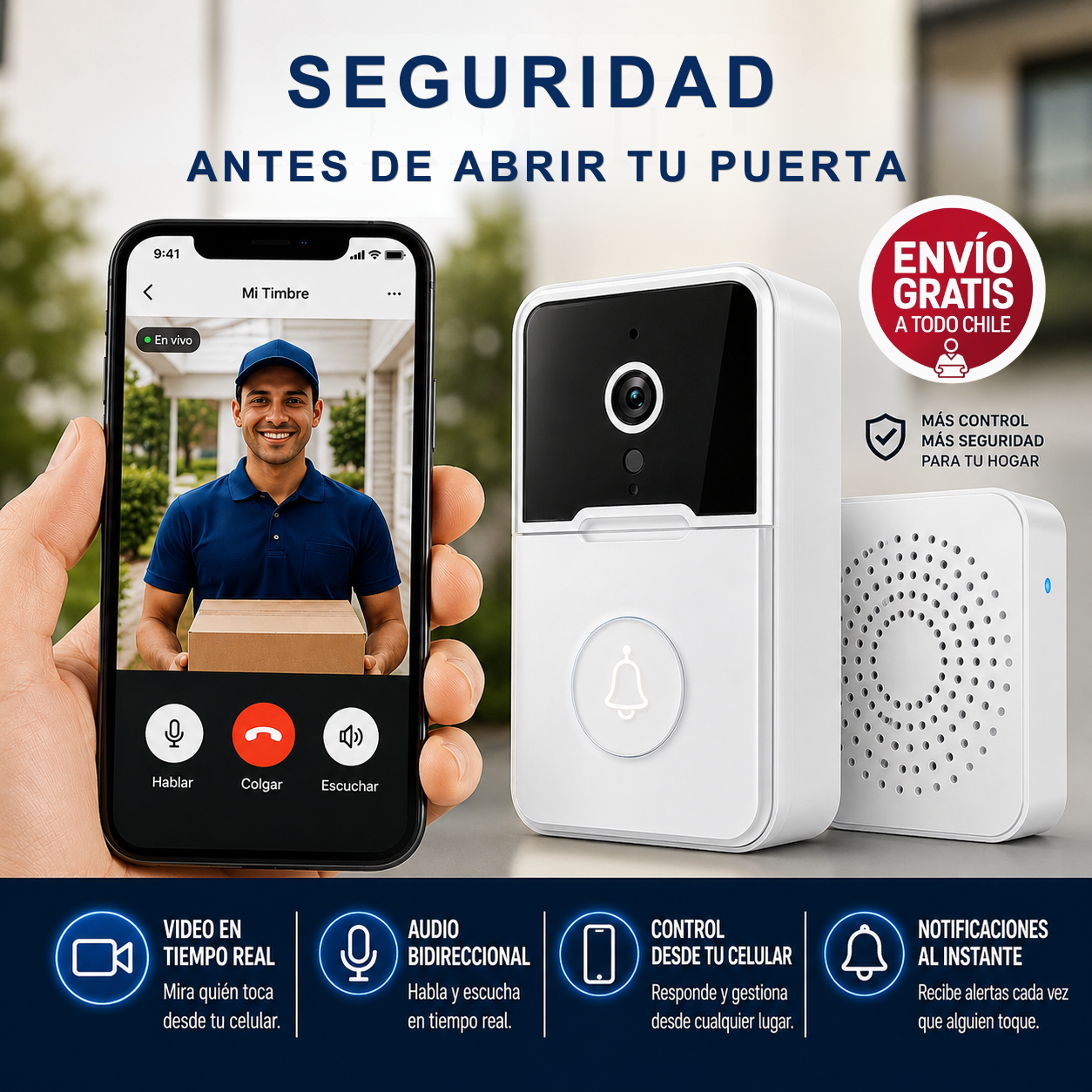 DoorCam Pro - Timbre Inalámbrico con Camara WiFi - Seguridad Antes de Abrir Tu Puerta.